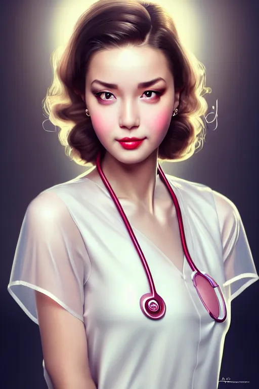 Prompt: glamorous and sexy nurse in transparent blouse, shy smiling, beautiful, pearlescent skin, natural beauty, seductive eyes and face, elegant girl, natural beauty, very detailed face, seductive lady, !!full body portrait!!, natural lights, photorealism, summer vibrancy, cinematic, a portrait by artgerm, rossdraws, Norman Rockwell, magali villeneuve, Gil Elvgren, Alberto Vargas, Earl Moran, Enoch Bolles