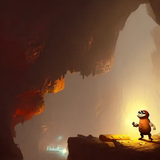 Image similar to happy pepe the miner in the cave, greg rutkowski