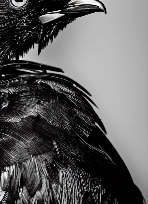 Image similar to a stunning young female crow mixed cyborg profile face, face is made intricate tribal bio - mechanical, editorial photography, bw, shot on 7 0 mm, depth of field, f / 2. 8, high contrast, 1 6 k, volumetric lighting, shiny, insanely detailed and intricate, hypermaximalist, elegant, ornate, hyper realistic, super detailed