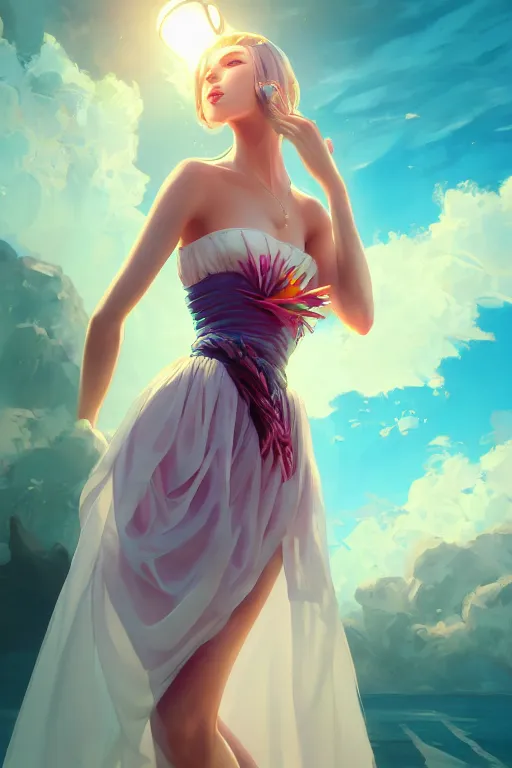 Image similar to a beautiful fashion goddness of love, chic strapless dress, tropical sea background, character design, in the style of artgerm, and wlop, cinematic lighting, hyperdetailed, 8 k realistic, symmetrical, global illumination, radiant light, frostbite 3 engine, cryengine, dof, trending on artstation, digital art