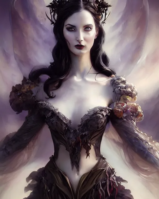 Image similar to daniel gerhartz and artgerm detailed portrait digital rococo painting of a beautiful serious villainess wearing fantasy clothing like liliana vess, villainess has black angel wings, evil mood, hellish battlefield in the background, embers flying, unreal engine, hyper realism, realistic shading, cinematic composition, blender render, octane render, detailed textures, photorealistic, ultrawide shot