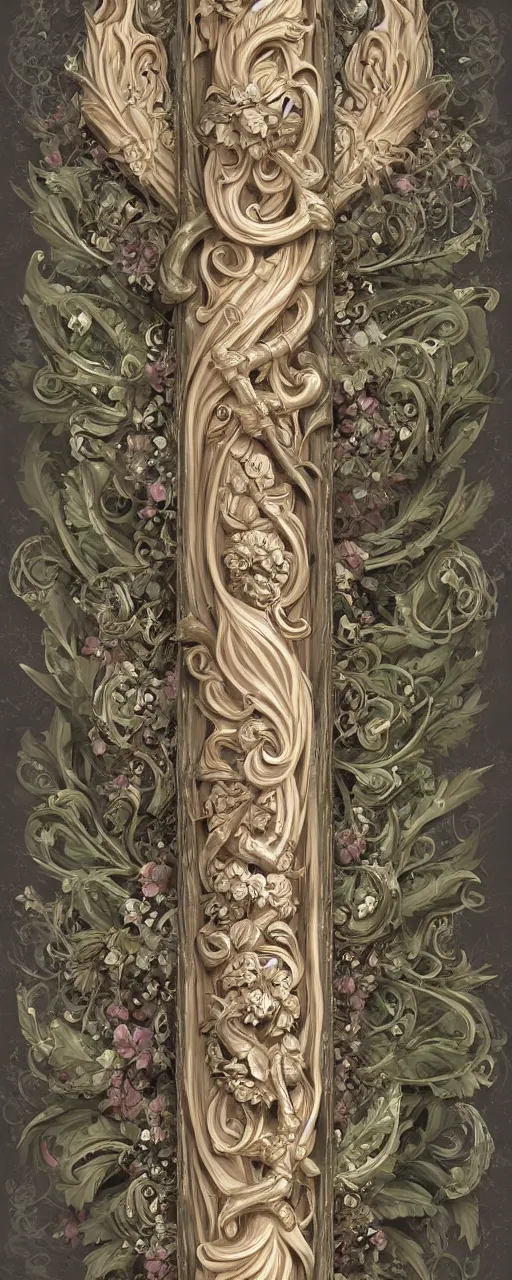 Prompt: beautiful fantasy giant sword carved with decorative ornament, acanthus scrolls, lilies, ivy, energy, geometry, bones, petals, stems, ceremonial clouds, dripping paint, fibonacci rhythm, artstation, artgerm, wlop, symmetric ornaments, v 0 1