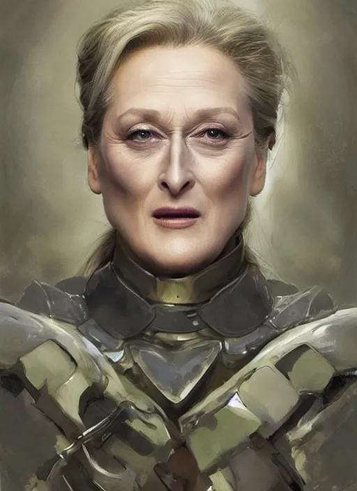 Image similar to a professional painting of a beautiful Meryl Streep, clothed in military armor, olive skin, long dark hair, beautiful bone structure, symmetrical facial features, intricate, elegant, digital painting, concept art, smooth, sharp focus, illustration, from Metal Gear, by Ruan Jia and Mandy Jurgens and Artgerm and William-Adolphe Bouguerea