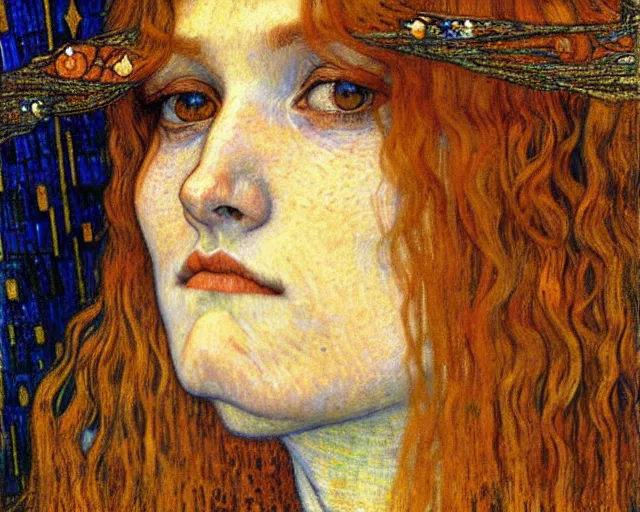 Image similar to detailed realistic beautiful young medieval queen face portrait by jean delville, gustav klimt and vincent van gogh, art nouveau, symbolist, visionary, gothic, pre - raphaelite, muted earthy colors, desaturated