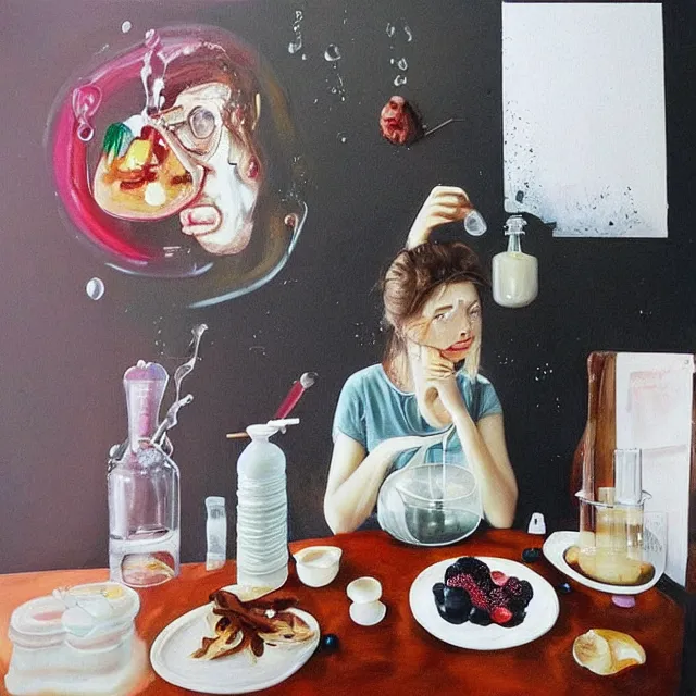 Prompt: “ sensual, a portrait in a female art student ’ s apartment, pancakes, woman drinking an iced latte from a painting, berries, octopus, scientific glassware, art supplies, a candle dripping white wax, berry juice drips, neo - expressionism, surrealism, acrylic and spray paint and oilstick on canvas ”