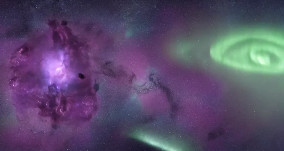 Prompt: screenshot from the new sci - fi film directed by denis villeneuve 4 k. cinema. close orbital of a new alien world nested within an asteroid belt nebula. purple and green lightning aurora upon it's surface.