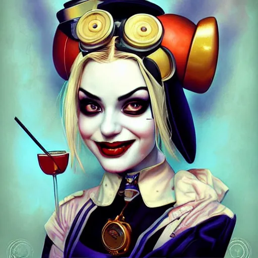 Prompt: lofi steampunk portrait of harley quinn, Pixar style, by Tristan Eaton Stanley Artgerm and Tom Bagshaw.