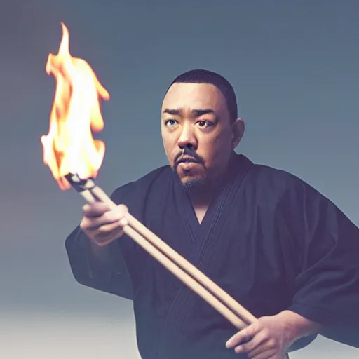 Prompt: cinematic film still of Timbaland starring as a Japanese Sensei with fire, Japanese CGI, VFX, 2003, 40mm lens, shallow depth of field, film photography