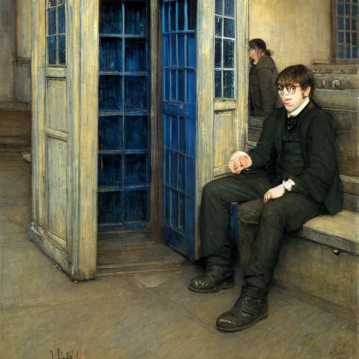 Image similar to harry potter at a tardis console, highly detailed, by jules bastien - lepage, jean - joseph benjamin - constant