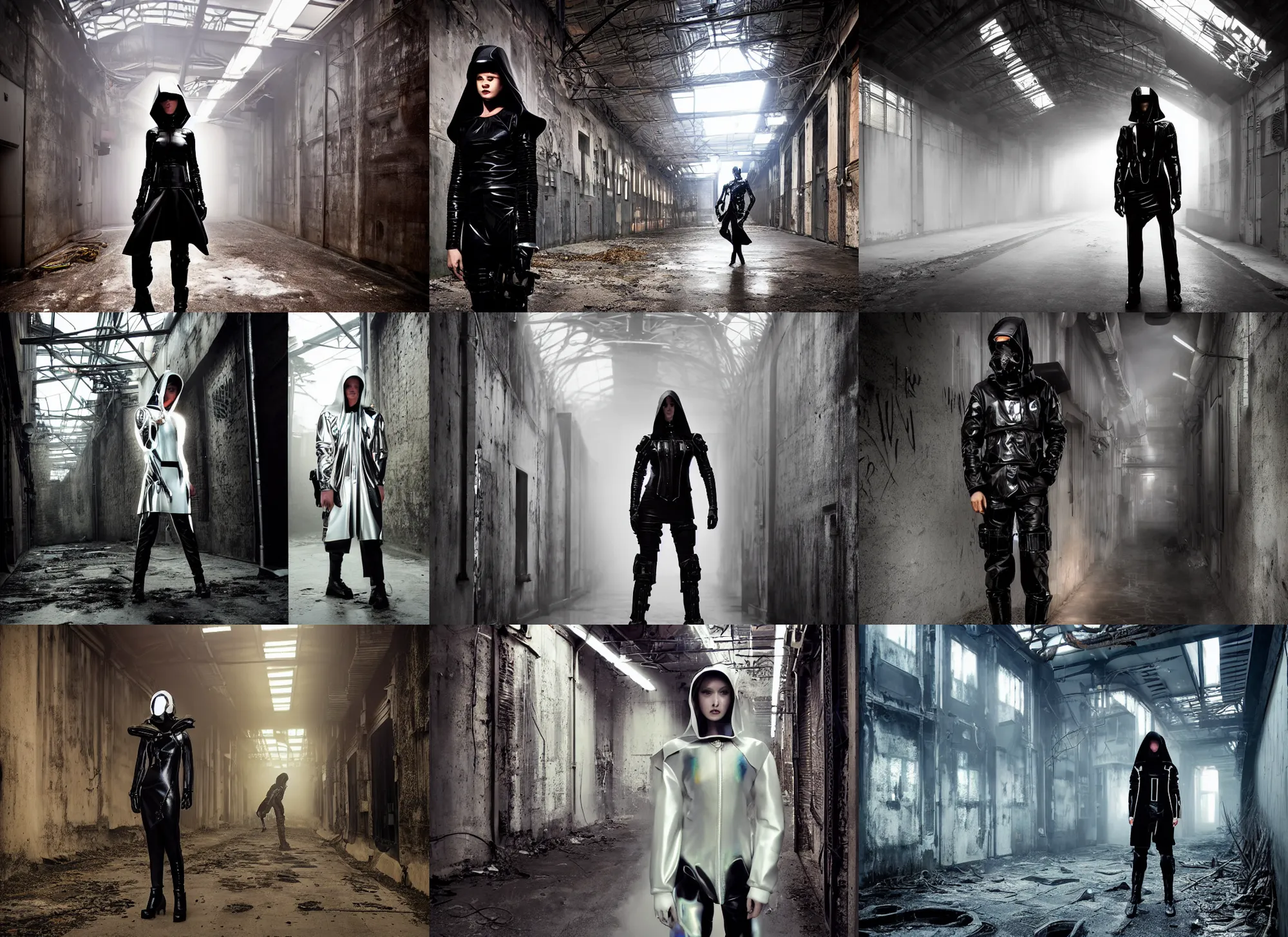 Prompt: beautiful fashion model with white sci - fi baroque tactical gear, black leather garment, hologram sci - fi hood, full shot fashion photography, misty alleyway, abandoned factory, neon light, by irving penn and storm thorgerson, ren heng, peter elson
