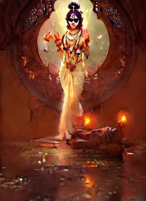 Prompt: : krishna fantasy, fantasy magic, dark light night, intricate, elegant, sharp focus, illustration, highly detailed, digital painting, concept art, matte, art by WLOP and Artgerm and Greg Rutkowski and Alphonse Mucha, masterpiece