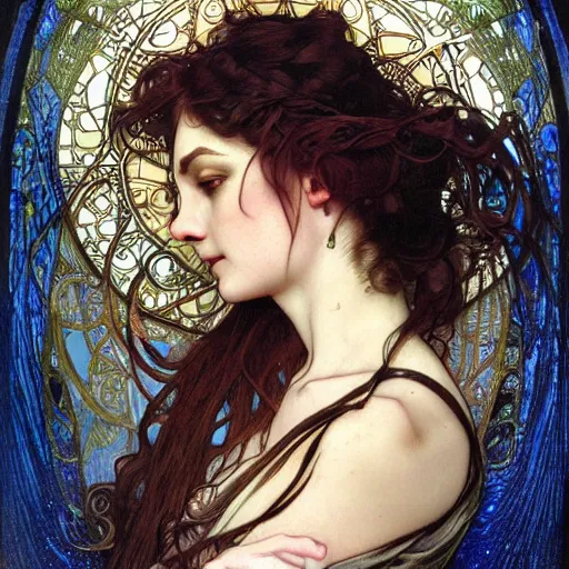 Prompt: realistic detailed face portrait of the The Magician of the Tarot by Alphonse Mucha, Ayami Kojima, Amano, Charlie Bowater, Karol Bak, Greg Hildebrandt, Jean Delville, and Mark Brooks, Art Nouveau, Neo-Gothic, gothic, Tarot card, rich deep moody colors