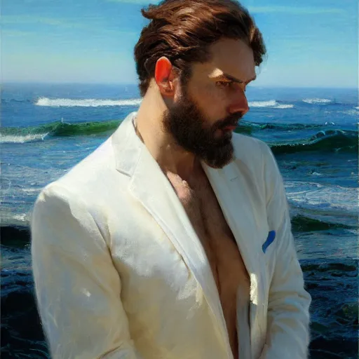 Prompt: detailed cinematic wide shot of beautiful attractive young man pericing white suit light brown hair thick beard slim face symettrical face clean skin blue eyes black clothes, ultra realistic, in sea, spring light, painting by gaston bussiere, craig mullins, j. c. leyendecker