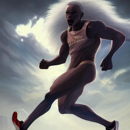 Image similar to beautiful aesthetic portrait commission of an albino male furry anthro sprinter athlete running 100m on athletic track , hyperdetailed, dark atmosphere. Character design by charlie bowater, ross tran, artgerm, and makoto shinkai, detailed, inked, western comic book art, 2022 award winning painting