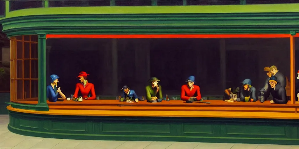 Image similar to painting of Nighthawks by Edward Hopper with characters from Outlander
