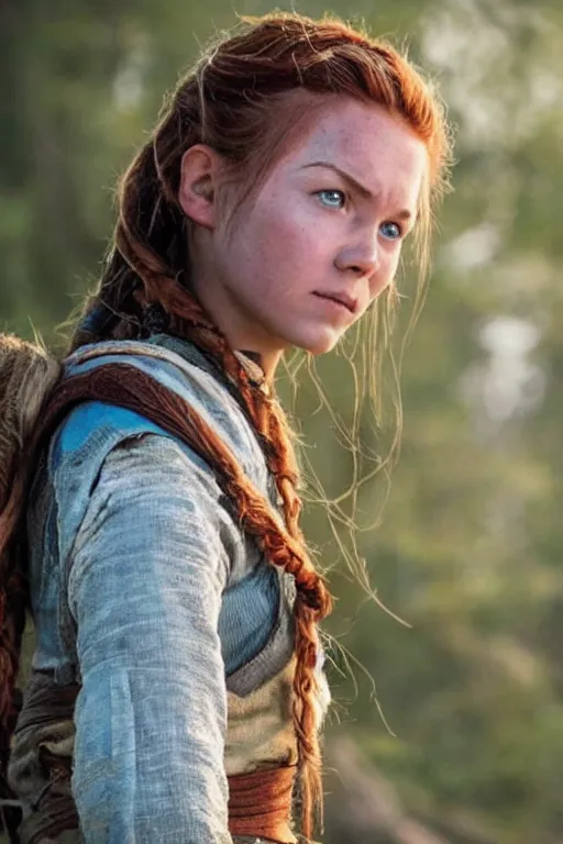 Prompt: a beautiful photo of actrice hannah hoekstra as aloy in horizon forbidden west