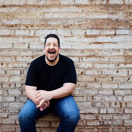 Prompt: sal vulcano with a black shirt on sitting in front of a brick wall