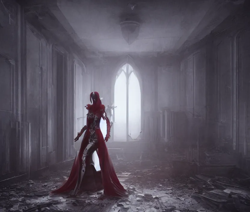 Prompt: imperial princess knight gothic girl standing on an abandoned hospital room with red ceiling lighting and several blue lights on the walls, gloomy and foggy atmosphere, octane render, artstation trending, horror scene, highly detailded