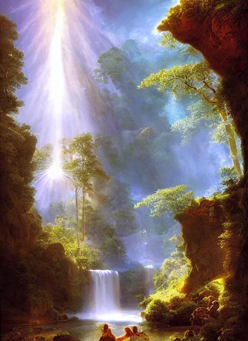 Prompt: a deep cave entrance, waterfalls, harmony of nature, infinite dawn, angelic light, sparkling dew, epic atmosphere, by asher brown durand, by yoshitaka amano