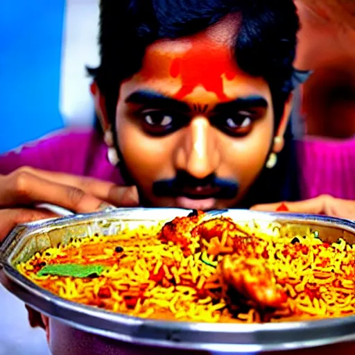 Prompt: A South Indian college student is eating chicken biryani in an Andhra mess, highly detailed, photorealistic, 4k