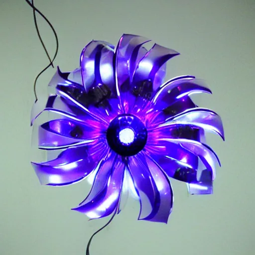 Image similar to a metallic iris flower, cybernetic, shiny, glowing