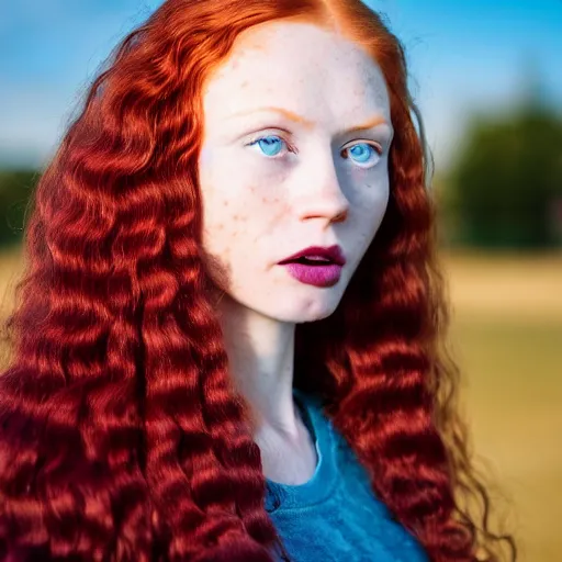 Image similar to close up portrait photograph of a thin young redhead woman with russian descent, with deep blue eyes. Wavy long maroon colored hair. she looks directly at the camera. Slightly open mouth, with a park visible in the background. 55mm nikon. Intricate. Very detailed 8k texture. Sharp. Cinematic post-processing. Award winning portrait photography. Sharp eyes.