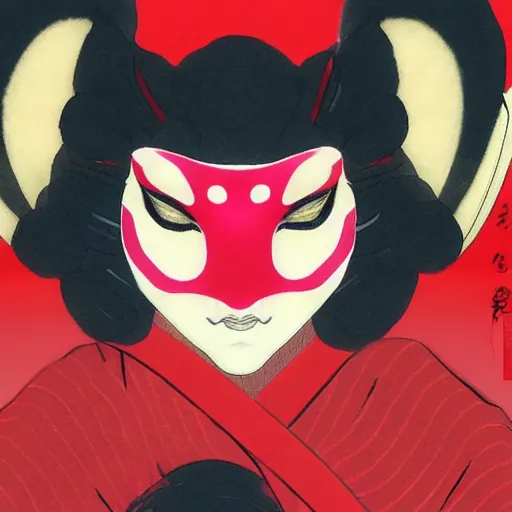 Prompt: geisha wearing a kitsune mask by Hiroaki Samura, red highlights,epic illumination, unreal engine, detailed