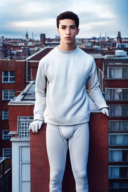 Image similar to un ultra high definition studio quality photographic art portrait of a young man standing on the rooftop of a british apartment building wearing soft padded silver pearlescent clothing. three point light. extremely detailed. golden ratio, ray tracing, volumetric light, shallow depth of field. set dressed.