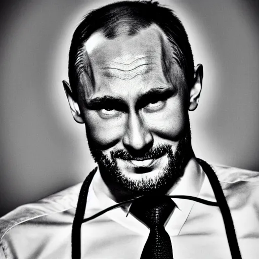 Prompt: vladimir putin sigma male, megachad, grindset, muscular, black and white image, powerful jaw, smiling, 8 k, professional portrait photography