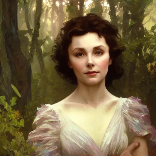 Image similar to a beautiful closeup portrait of a young vivian leigh, forest background, serene colors, dramatic light, gorgeous view, depth, high detail, digital art, painted by alphonse mucha and greg rutkowski, trending on artstation