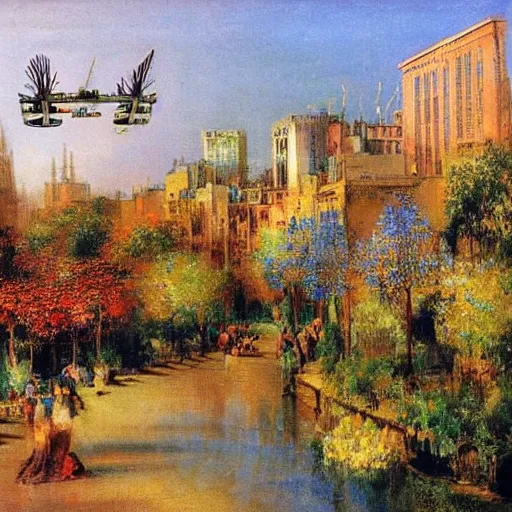 Image similar to a very beautiful eco - friendly environmental future!!! city cityscape, ( flying cars ) and elevated!! trains and solar power, lots of plants and flowers, sunrise, style of olidon redon