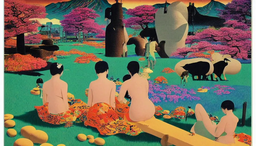 Image similar to Japan rural splendor travel and tourism c2050, surrealist psychedelic photo-collage painting in the style of Newsweek magazine, +81 magazine, Magritte, Roger Dean, Yoshio Awazu, vivid color