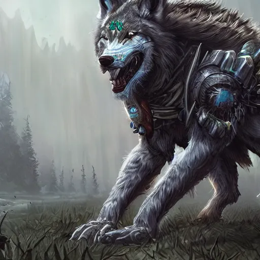 Image similar to a druid turning into a machine wolf, full moon, dnd 5 e, night, epic art, horizon zero dawn, highly detailed and intricate, trending on artstation