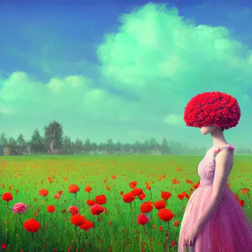 Image similar to head made of carnations flower, full body, girl standing in a flower field, surreal photography, sunrise dramatic light, impressionist painting, colorful clouds, digital painting, artstation, simon stalenhag, flower face