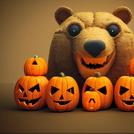 Prompt: a smiling bear made out of pumpkins, octane render