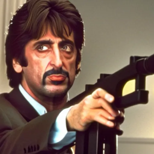 Image similar to Realistic photo of Al Pacino in Scarface, holding a Super Soaker