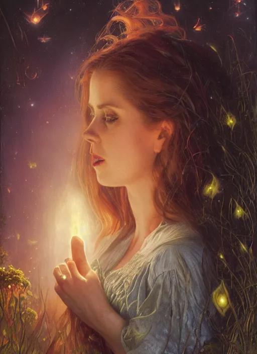 Image similar to Amy Adams staring into the camera, misty wisps, fireflies, Lilia Alvarado, Sophie Anderson, Mark Arian, Bob Byerley, Charlie Bowater, Mark Brooks, Steve Henderson, Justin Gerard, Arthur Hughes, Edward Robert Hughes, Mark Keathley, Victor Nizovtsev, Carlos Shwabe, Ross Tran, WLOP