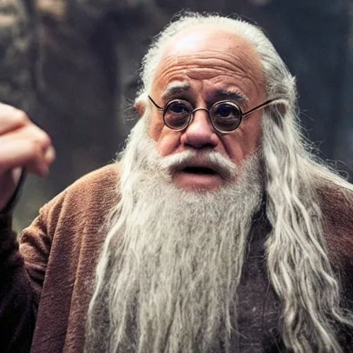 Prompt: movie still of danny devito starring as gandalf in the 2 0 2 6 lord of the rings movie