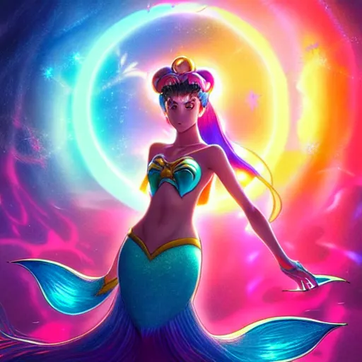 Prompt: sailormoon mermaid in anime style with thin braids in front across her face, bold colors, intricate, volumetric lighting, good composition, fine swirling lines, bold colors, global illumination, art by tyler edlin and rhads and gustave dore, artstation