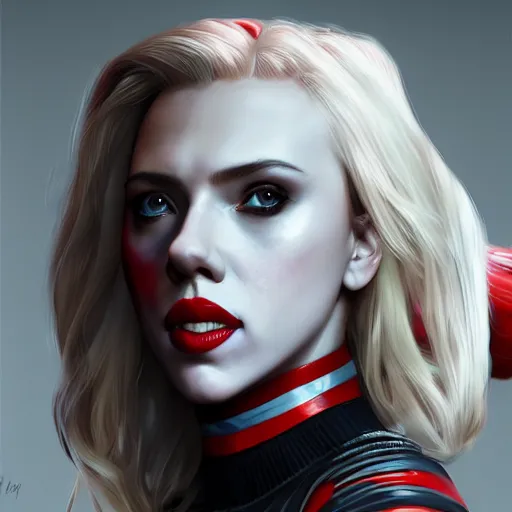 Prompt: Scarlett Johansson as Harley Quinn, digital portrait, artstation, cgsociety, 4k, high detail