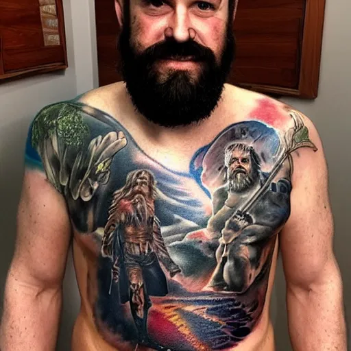 Prompt: an ultra realistic 8 k hdr photo of an award winning healed color tattoo of zardoz on a man ’ s super hairy chest