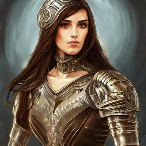 Image similar to a portrait of an attractive young woman, clothed in battle armor, olive skin, long dark hair, beautiful bone structure, symmetrical facial features, intricate, elegant, highly detailed, digital painting, trending on Artstation, concept art, smooth, sharp focus, illustration, in the style of artgerm and alphonse mucha