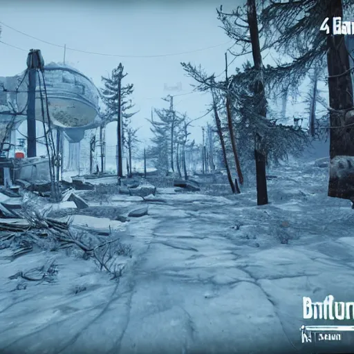 Image similar to Lapland in winter in ruins post-nuclear war in Fallout 4, in game screenshot