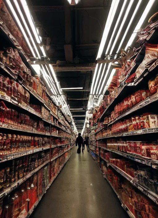 Prompt: being hunted by a monster in a labyrinth of market store aisles. liminal. dramatic lighting