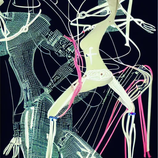 Prompt: ayatori cyberpunk, string figure, robot, lovers, illustration for dior by stina persson and yoshitaka amano