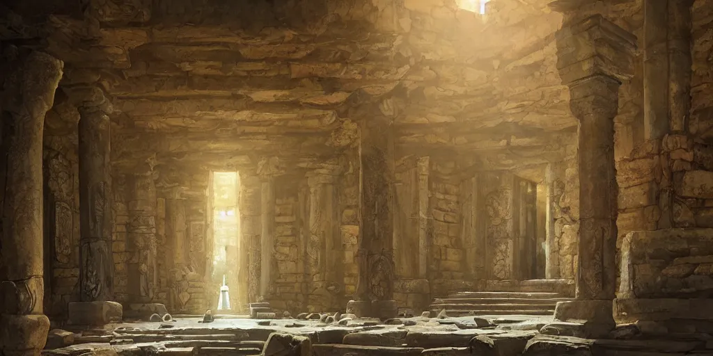 Image similar to deadly traps, ancient temple, pillars, tomb raidar, indiana jones, altar, traps, from inside a temple, temple run, painted by greg rutkowski