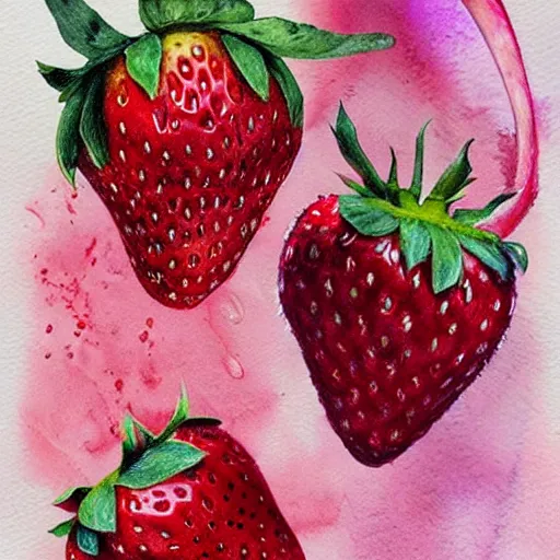 Prompt: watercolor strawberry with dragonfly by anna dittmann, by marco mazzoni, by stephanie law, n 9