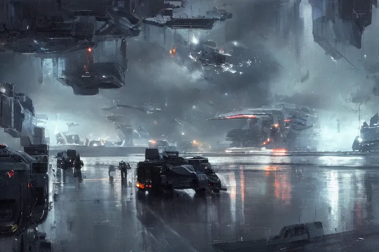 Prompt: sci - fi landscape dark spaceships docking overcast rainstorm!! spotlights, cargo loading cranes by wadim kashin