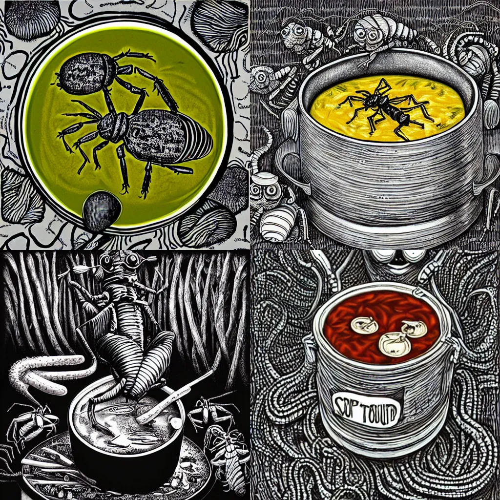 Prompt: a soup of bugs, art by phlegm