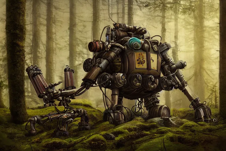 Image similar to steampunk mech standing in a swedish forest, very low angle photograph, very detailed, trending on artstation, realistic, soft colors, simon stålenhag